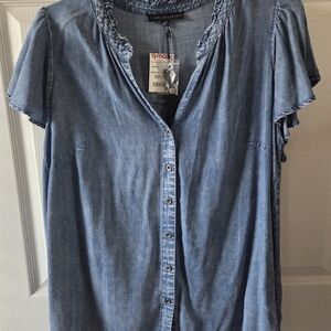 T.J.Maxx Denim Blue Ruffle Trim Blouse